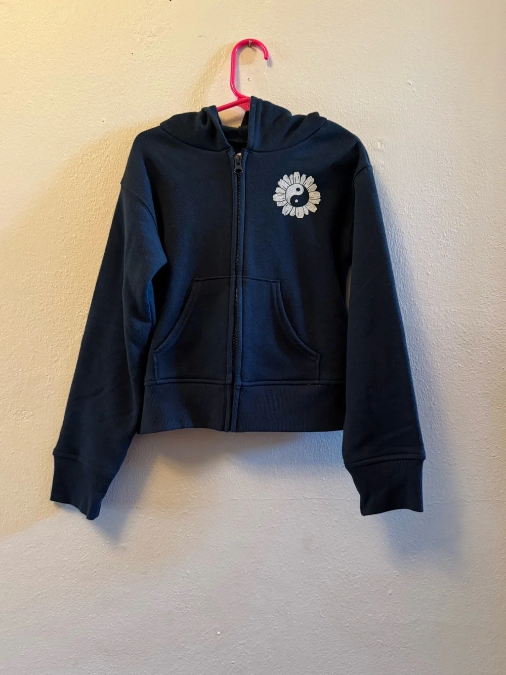 SO Kids Zip-Up Hoodie - Navy Blue -Yin Yang Daisy Graphic - Girls Size XS (6/6X)